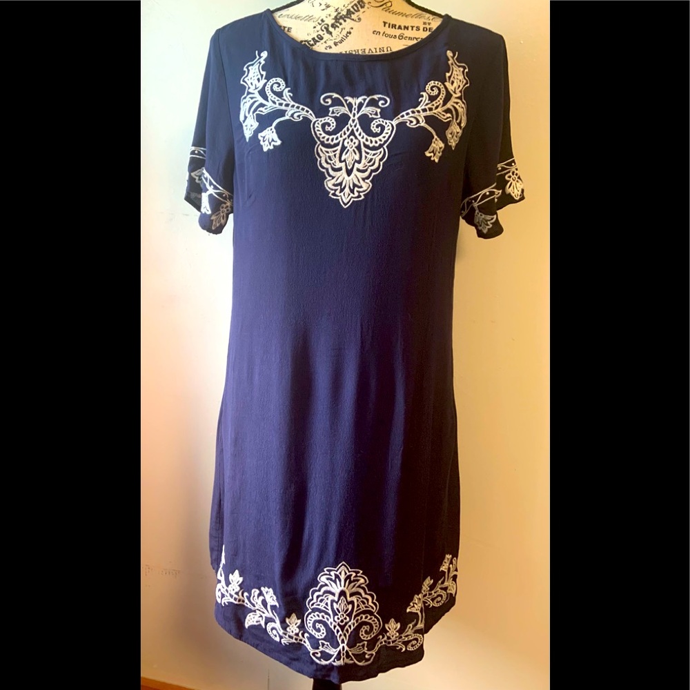 Lulus Navy and White Embroidered Dress